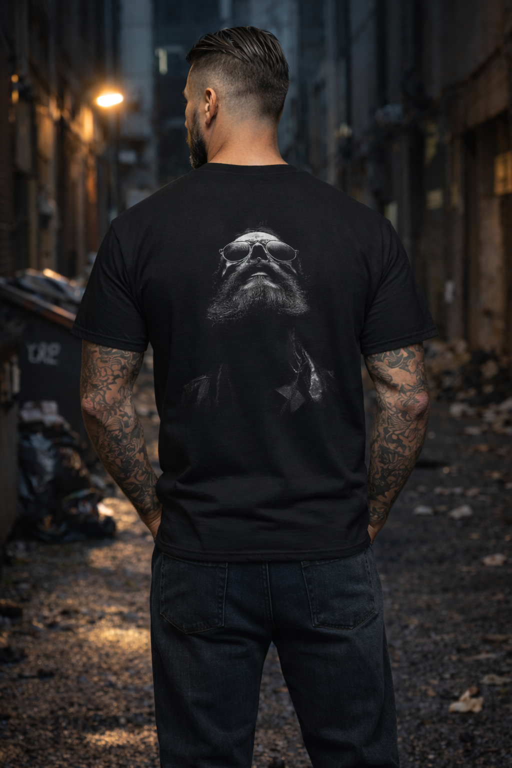Bearded Biker Portrait T-Shirt — Vintage Grayscale Smoky Art Tee
