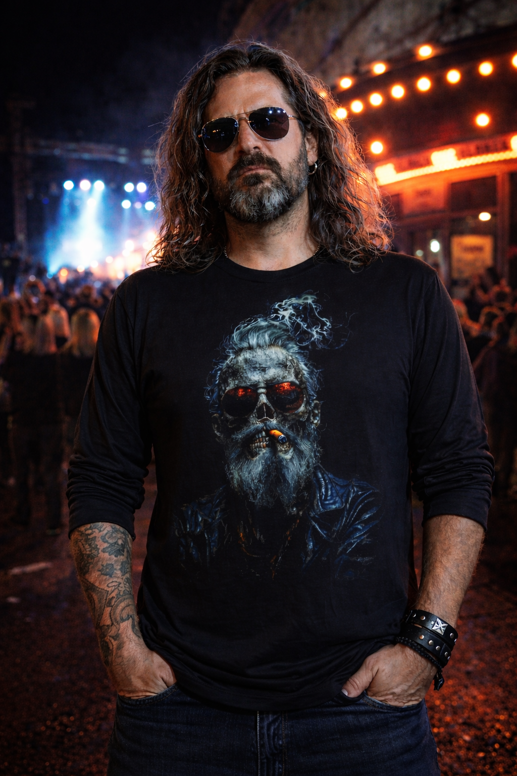 Skull-Smoke Long Sleeve Tee — Gothic Skeleton Portrait Shirt