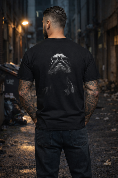 Bearded Biker Portrait T-Shirt — Vintage Grayscale Smoky Art Tee
