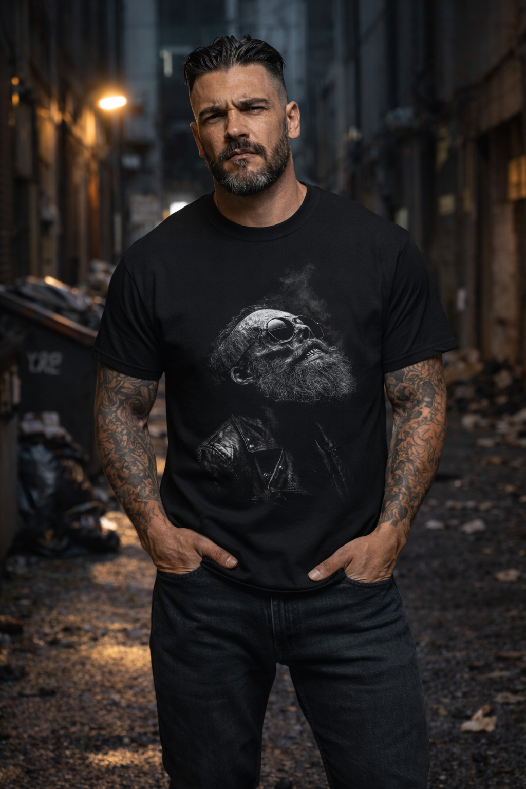 Bearded Biker Portrait T-Shirt — Vintage Grayscale Smoky Art Tee