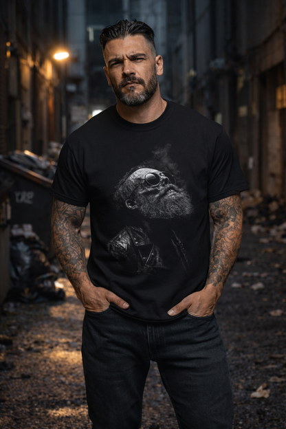 Bearded Biker Portrait T-Shirt — Vintage Grayscale Smoky Art Tee